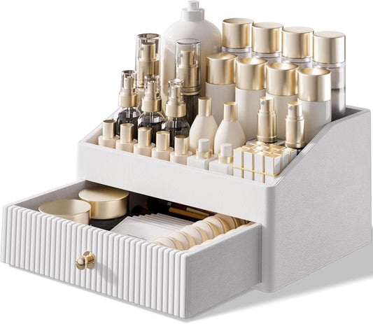 Makeup Organizer,Leather Skin Organizer with 1 Drawer&Tray,Luxury Beige White Makeup Storage for Perfume,Bedroom,Bathroom,Gifts for Women,Womens Gifts (White, 1-Drawer)