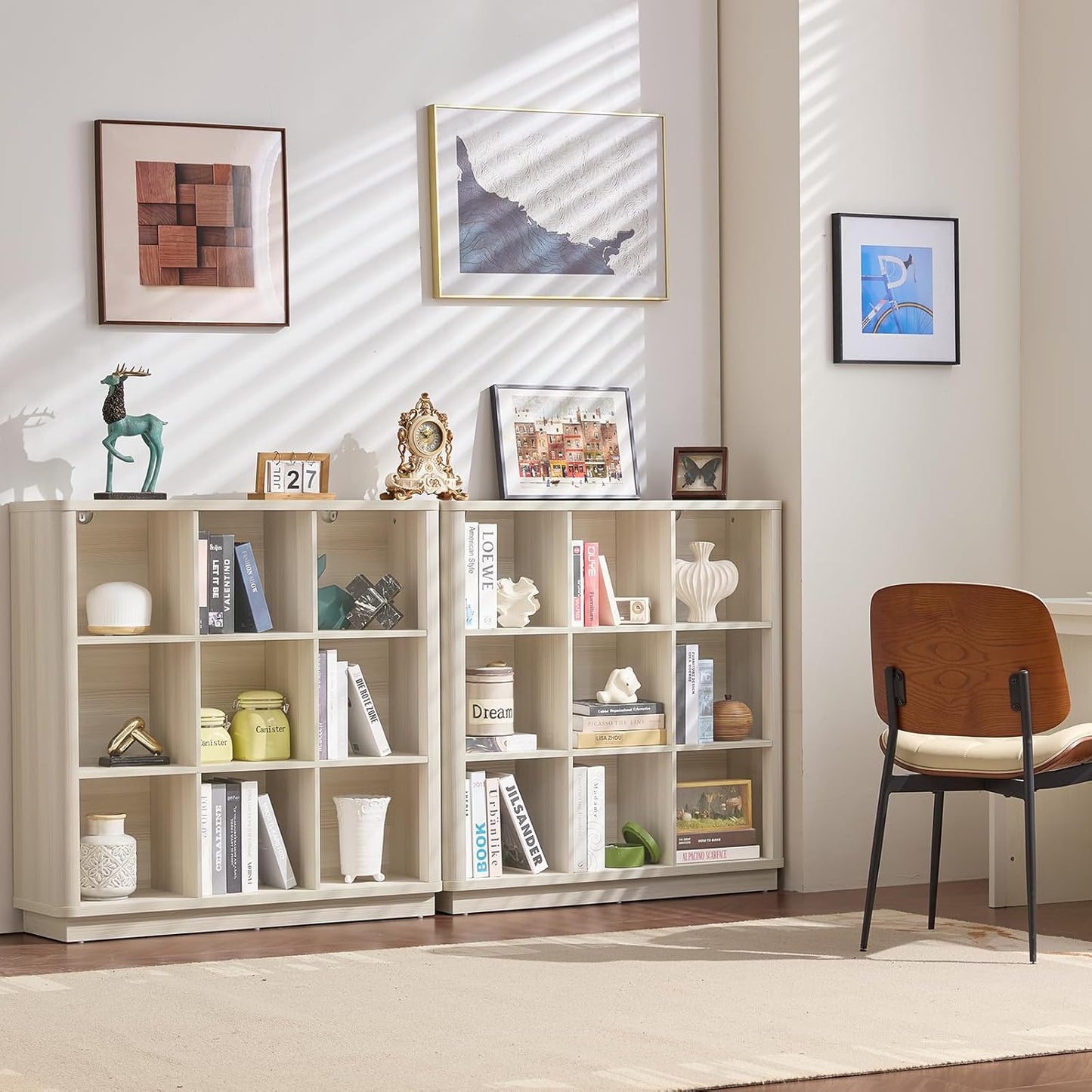 9 Cube Storage Book Shelf, 41" Tall Organizer Bookcase with Curved Edge, Wood Floor Standing 3-Tier Cubby Bookshelf with Base, Vintage Display Book Case for Bedroom, Office, White Cream Oak