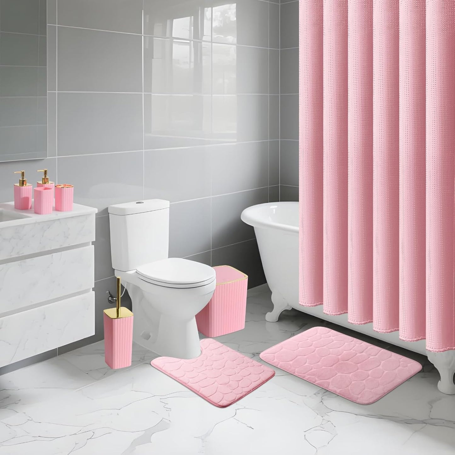 Pink Bathroom Set with Shower Curtain and Rugs- 25PC Bathroom Accessory Set, Pink Shower Curtain Set, Toilet Brush, Trash Can, Qtip Holder Dispenser & Soap Dispenser