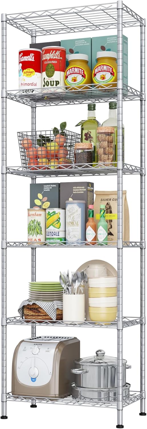 HOMEFORT 6-Shelving Unit, Adjustable Wire Shelving, Metal Wire Shelf Rack Organizer for Kitchen, Pantry, Closet, Bathroom, Laundry, Sliver,21" W x 11" D x 69" H