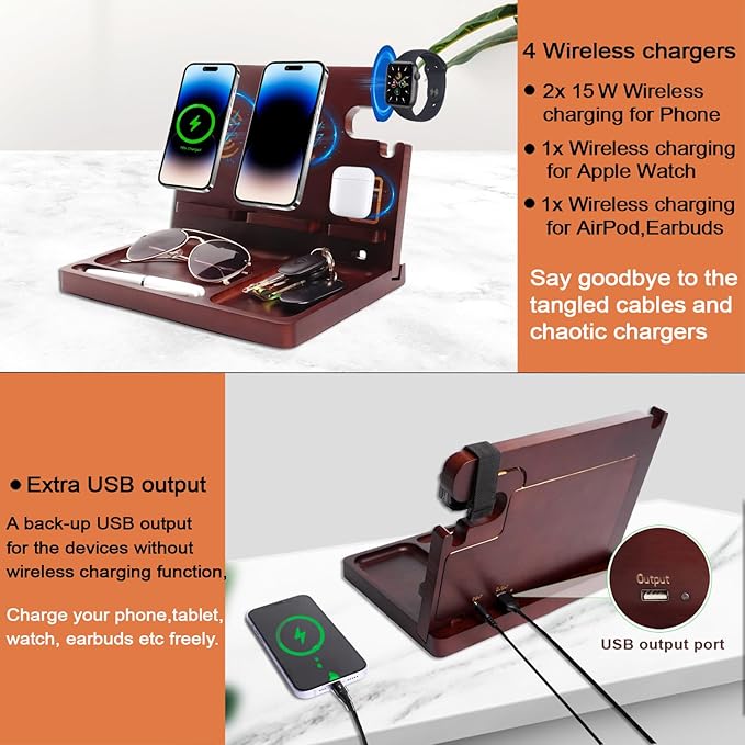 Wood Phone Docking Station,27W Fast Charging 2 Phone Wireless Charging Station for iosPhone/Android/iWatch/Air Pod,Nightstand Organizer for Men/Women,Anniversary,Birthday Gifts for Dad
