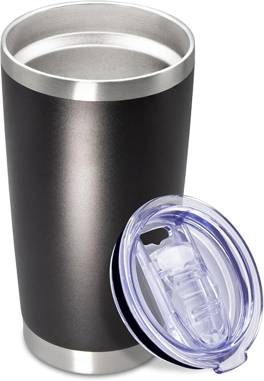 20 oz Tumbler Coffee Travel Tumblers Bulk with Lid Stainless Steel Double Wall Vacuum Insulated Mug Powder Coated Cups fit Car Cupholder for Hot and Cold - Black, 1Pack