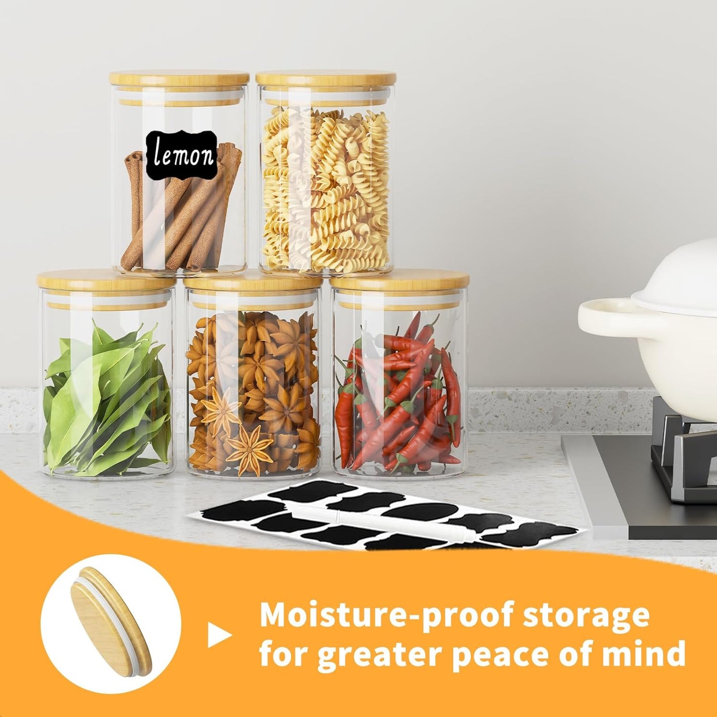 6 Piece Glass Storage Jars Set with Airtight Bamboo Lids and Labels,18.6oz/550ml Glass Spice Jars Food Storage Containers for Home Kitchen,Pantry, Tea, Sugar, Salt, Coffee, Flour, Herbs, Grains