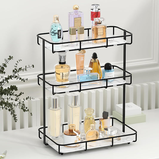 Bathroom Organizer Countertop Perfume Organizer Makeup Organizer Cosmetics Storage Display Rack Vanity Tray Dresser Stainless Steel Gold Shelf White Marble Ceramic Tray