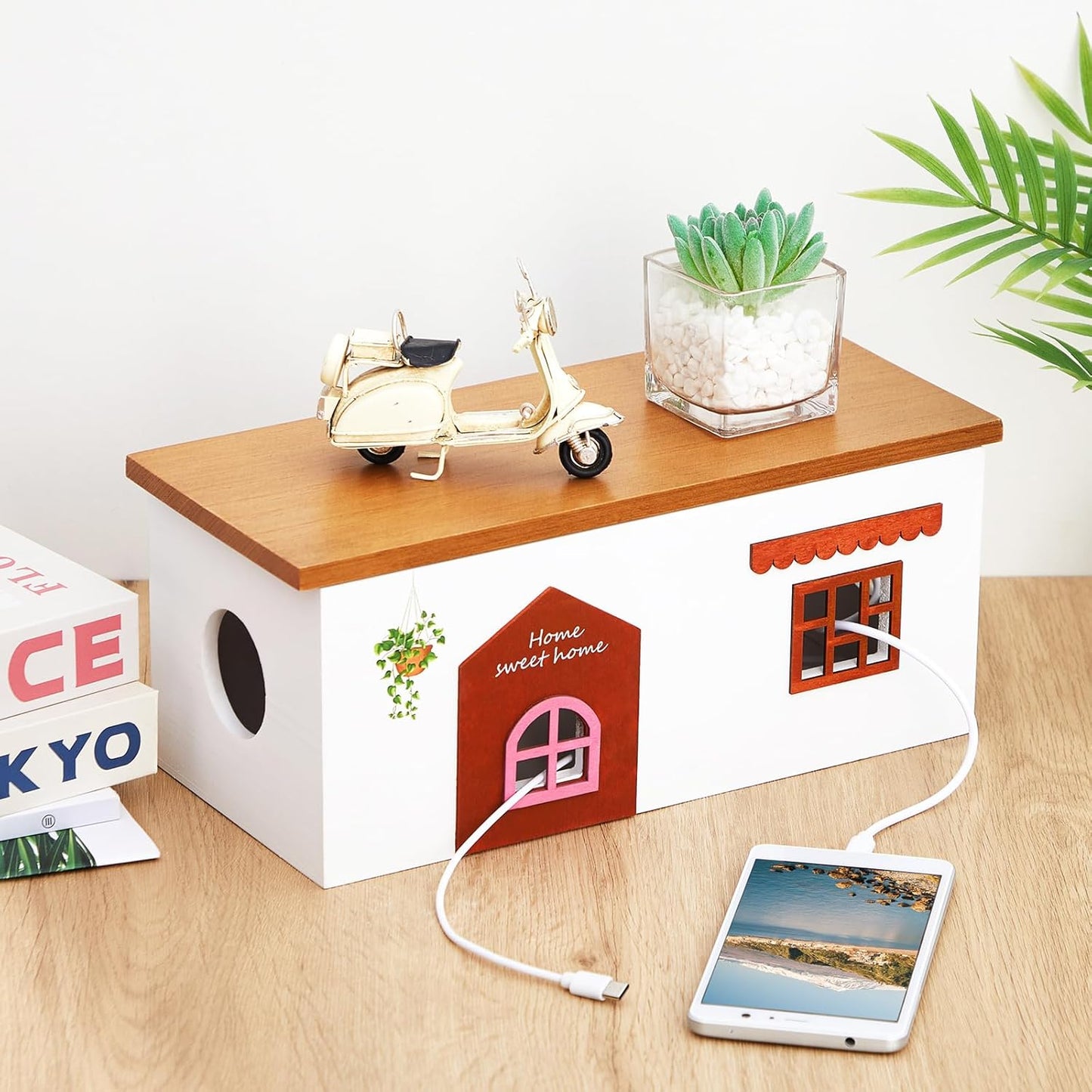 2 Set Cable Management Box Wooden Medium & Large Cord Organizer and Box for TV Computer Wire USB Hub System, Surge Protector Cord Hider on Desk or Floor