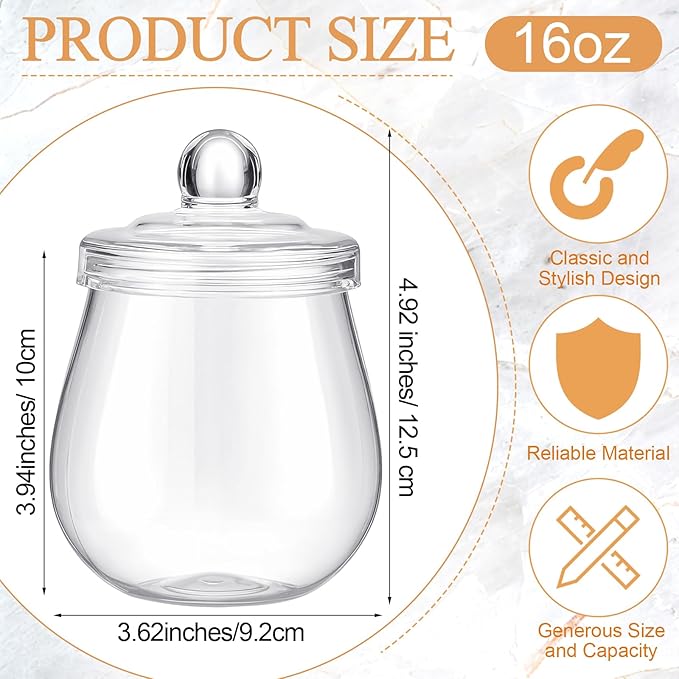 Nuogo 4 Pcs Plastic Candy and Cookie Jars with Lids Clear Cookie Container Candy Jars Large Airtight Apothecary Storage Organization for Wedding Home Kitchen Bar (Classic,16 oz)