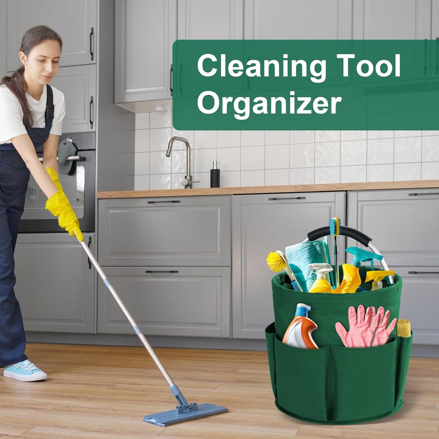 Cleaning Caddy with Handle, Cleaning Products Organiser, 17L Foldable Storage Basket, Cleaning Caddy Organiser, Portable Multi Cleaning Bucket Bag for Home, Garden (Green)