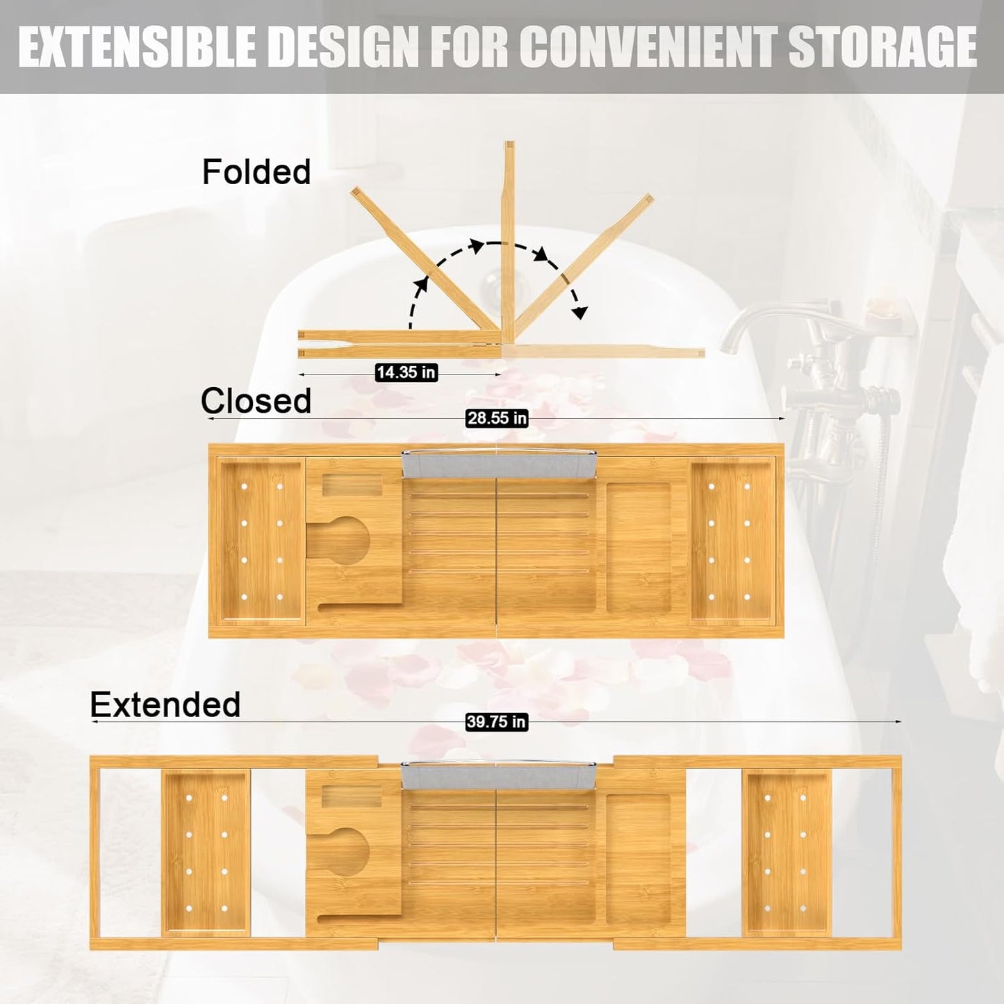 Bathtub Tray Caddy, Expandable Bath Trays for Tub, Bamboo Shelf & Table with Wine Glass Holder,Bathroom Accessories for New Home & Mothers Day & Birthday Gifts for Mom