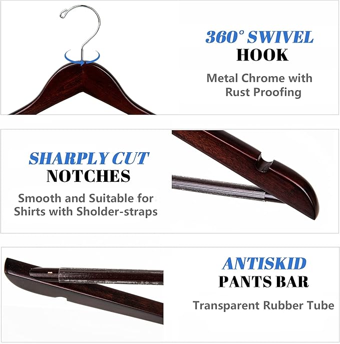Amber Home 20 Pack Solid Wood Suit Coat Hangers, Smooth Walnut Finish Wooden Dress Hangers with Non Slip Pant Bar, Clothes Hangers with 360 Swivel Hook & Notches for Jacket, Pant, Shirt (Walnut, 20)