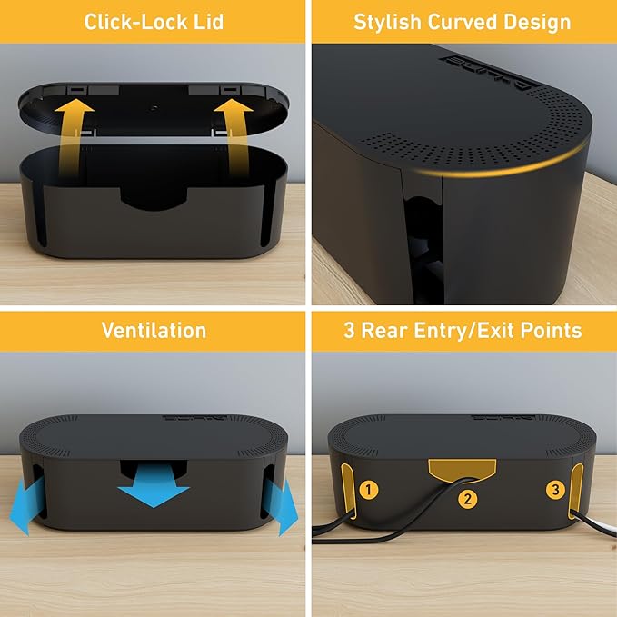 D-Line Cable Management Box, Power Strip Cover, Floor Outlet Hider, Desk Cord Organizer, Hide Extension Leads, 12.75" (L) x 5" (W) x 4.5" (H), for use with Power Strips up to 10.5in (L) - Small, Black