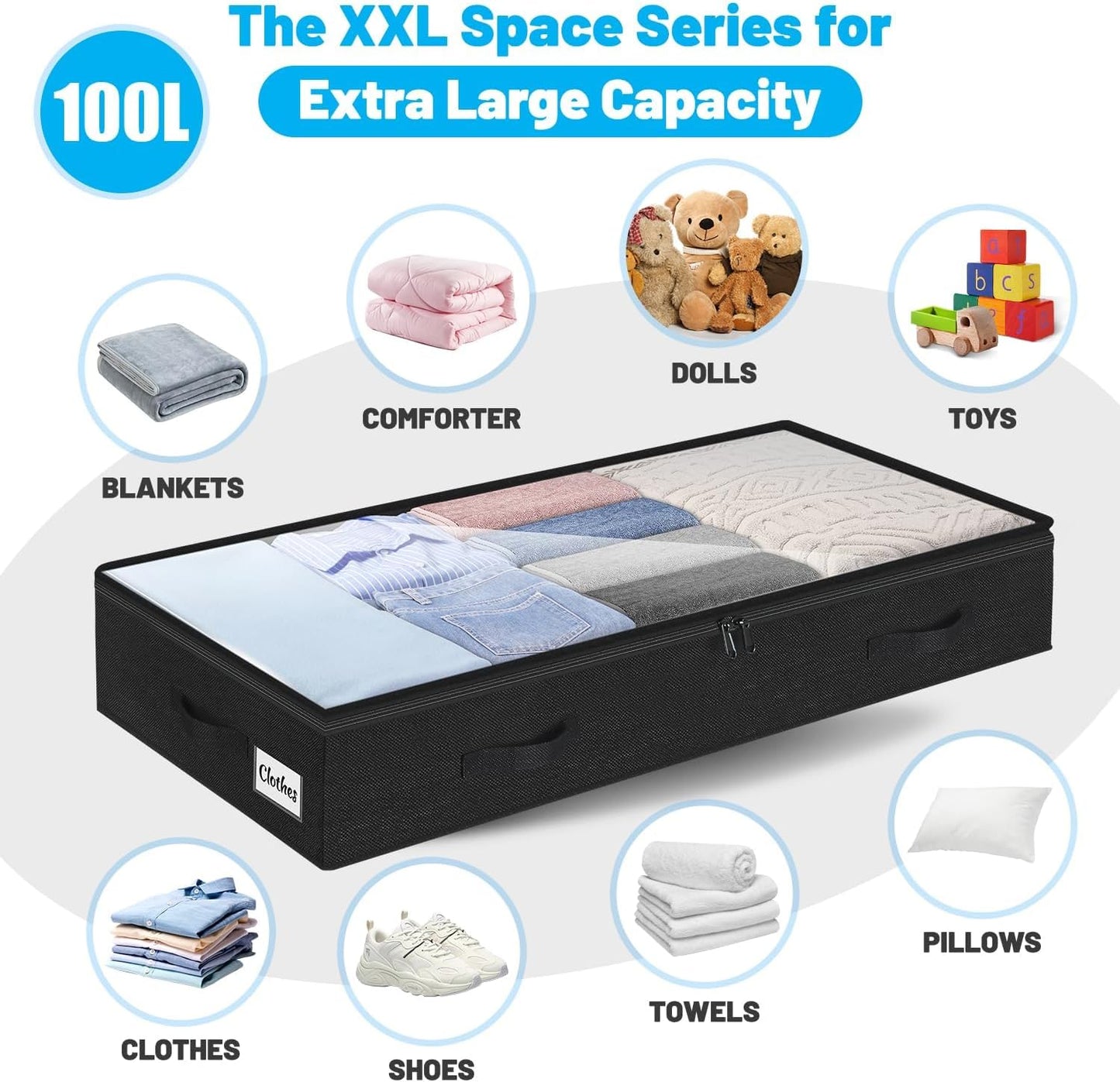 4 Pack 100L Under Bed Storage Containers, Low Profile Closet Organizers and Storage Bins for Dorm, Foldable Underbed Bag for Clothes, Blanket, Sheet, Wrapping Paper, Clear Window & Dual Zippers, Black