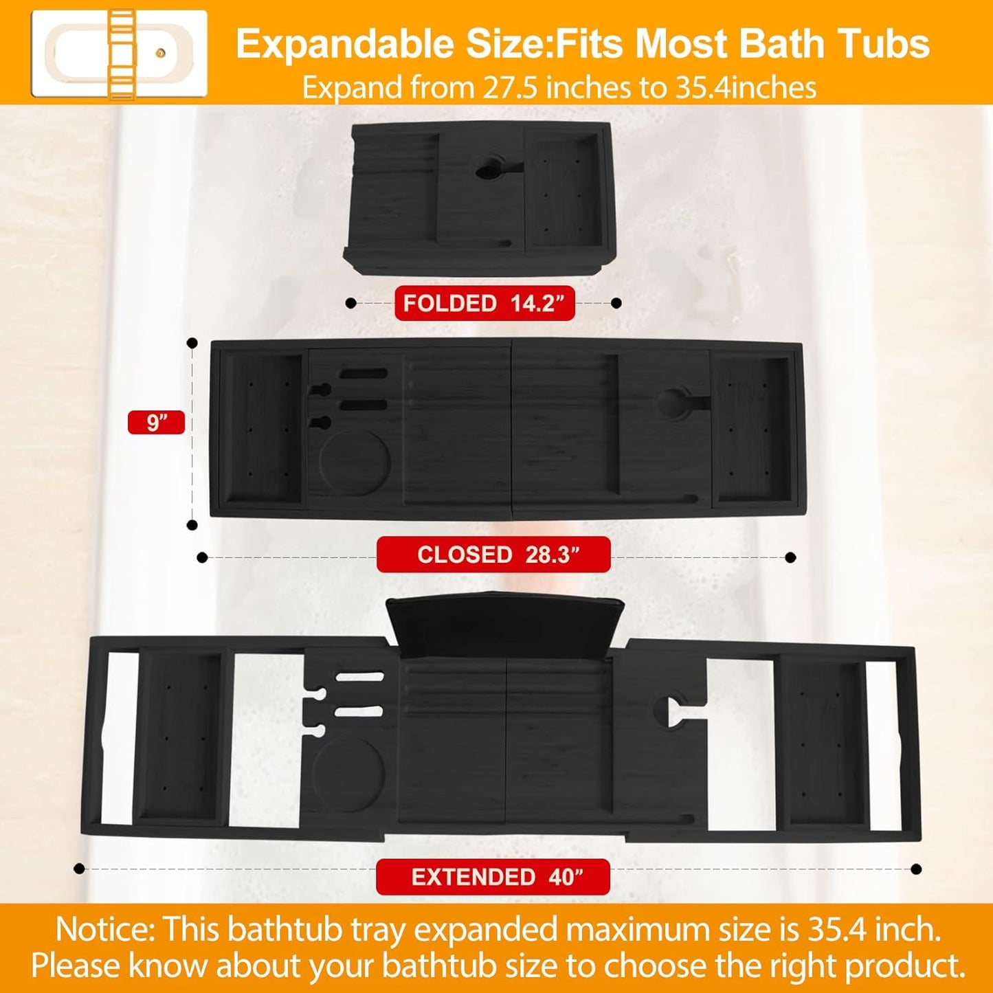 Premium Bathtub Tray Caddy - Bath Tray Expandable - Bath Tub Tray Table for Bathtub, Bamboo Wooden, Fits Most Bath Tubs