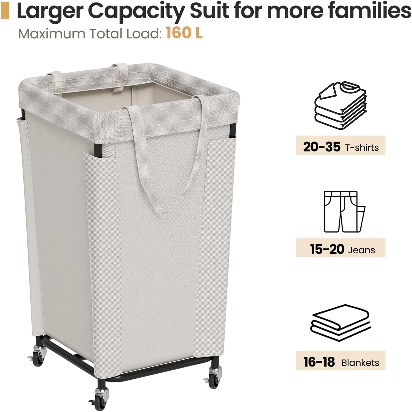 Laundry Basket with Wheels, Laundry Hamper with Removable Bag and Steel Frame, 160L Rolling Dirty Clothes Basket for Bedroom, Bathroom, Laundry Room (Beige)