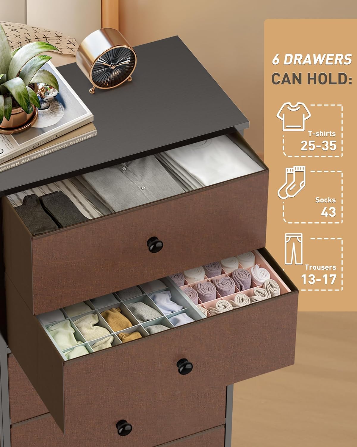 Tall Fabric Dresser for Bedroom, Vertical Storage Organizer Tower with 6 Drawers, Chest of Drawers with Bins, Steel Frame, Wood Top for Bedroom, Closet, Entryway Brown