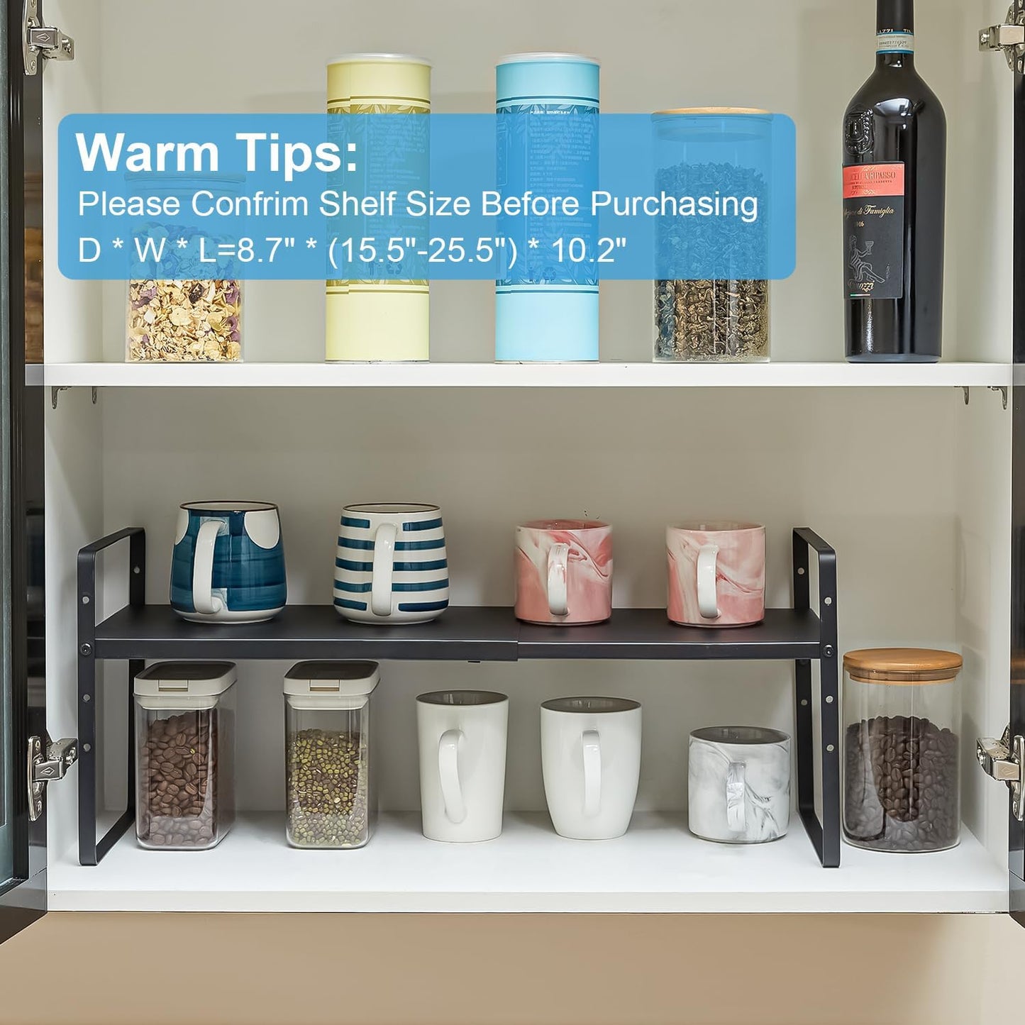 15.5 to 25.5 Inch Kitchen Cabinet Shelf Organizers, Adjustable Kitchen Counter Shelf Organizer, Set of 4 Expandable Countertop Storage Shelves, Stackable Design, 30LBS Heavy Duty, Space Saver