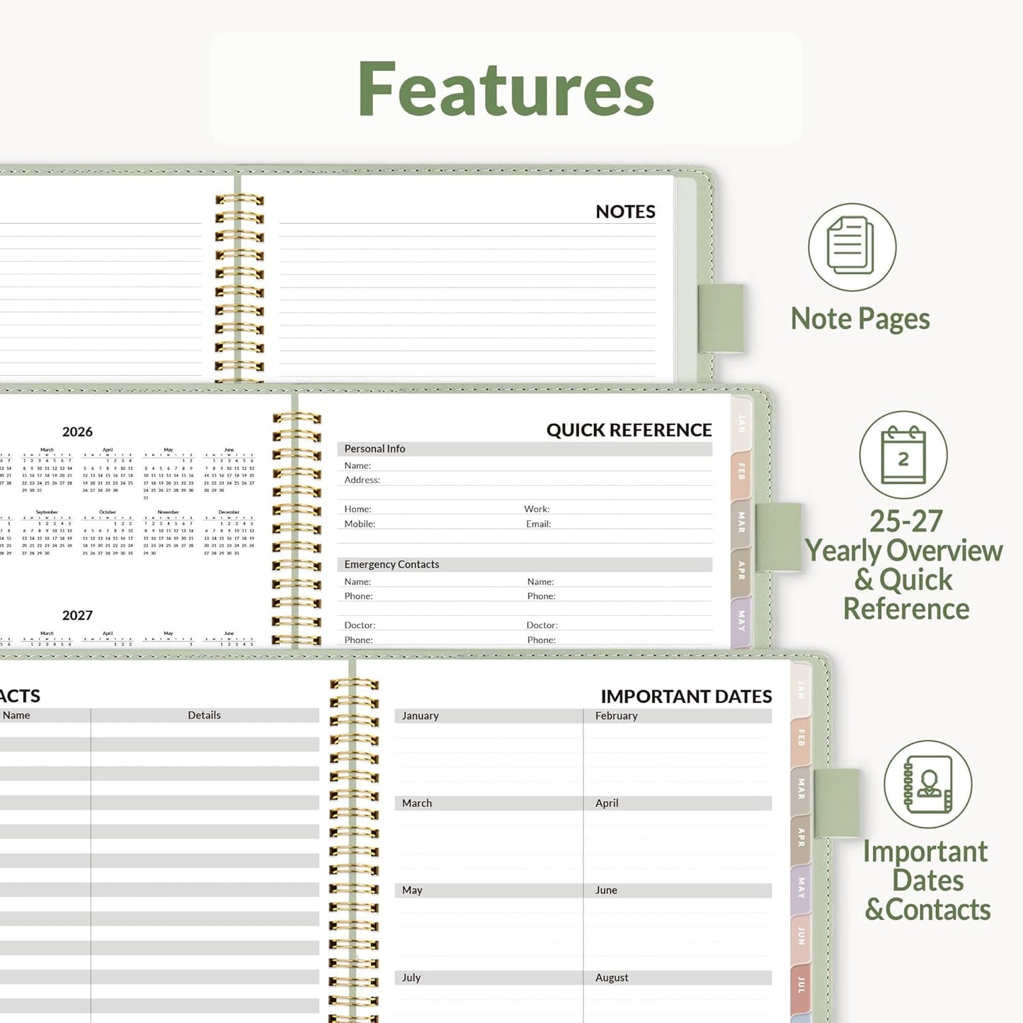SUNEE 2026 Weekly & Monthly Planner 9"x11.2"- 12 Month (January 2026 - December 2026), Vegan Leather Cover, Pocket, Bookmark, Notes, Monthly Tab, Sage Green