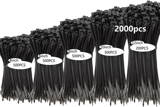 2000 PCS Zip Ties Assorted Sizes 4+6+8+10+12 Inch Self-locking Nylon Cable ties Outdoor, UV Resistant Wire Straps for Home Office Garden Workshop Indoor Outdoor Fence(Black)