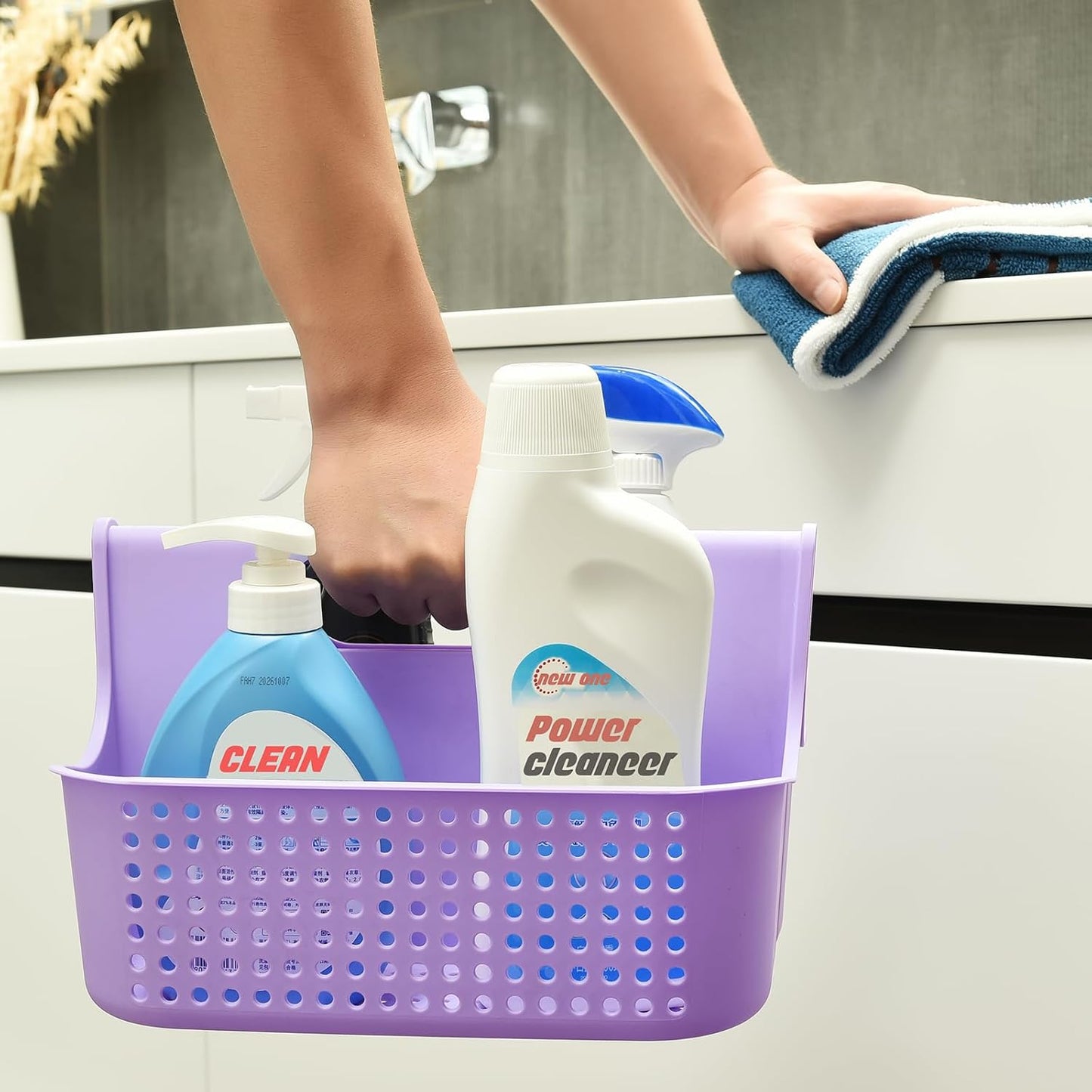 ALINK Portable Plastic Shower Caddy Basket, Large Cleaning Supply Caddy Organizer Storage Tote with Handle for Bathroom, College, Self, Cabinet, Dorm Room Essentials - Purple