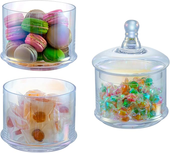 MyGift 16-Inch Modern 3-Tier Iridescent Rainbow Glass Apothecary Jars with Lids – Transparent Stacking Candy, Cookie, and Bathroom Storage Containers