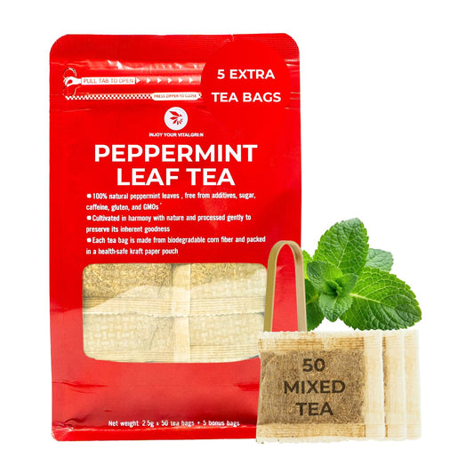 INJOY YOUR VITALGRI:N Peppermint Tea Bags - 55 Count (+5 Tea Bags) Bamboo Tong Included - 5.96 oz, Re-Steep Herbal Tea, Cool Fresh Breath, Warm Heat, Stomach Relief, Relax, Digestive Support, Mint