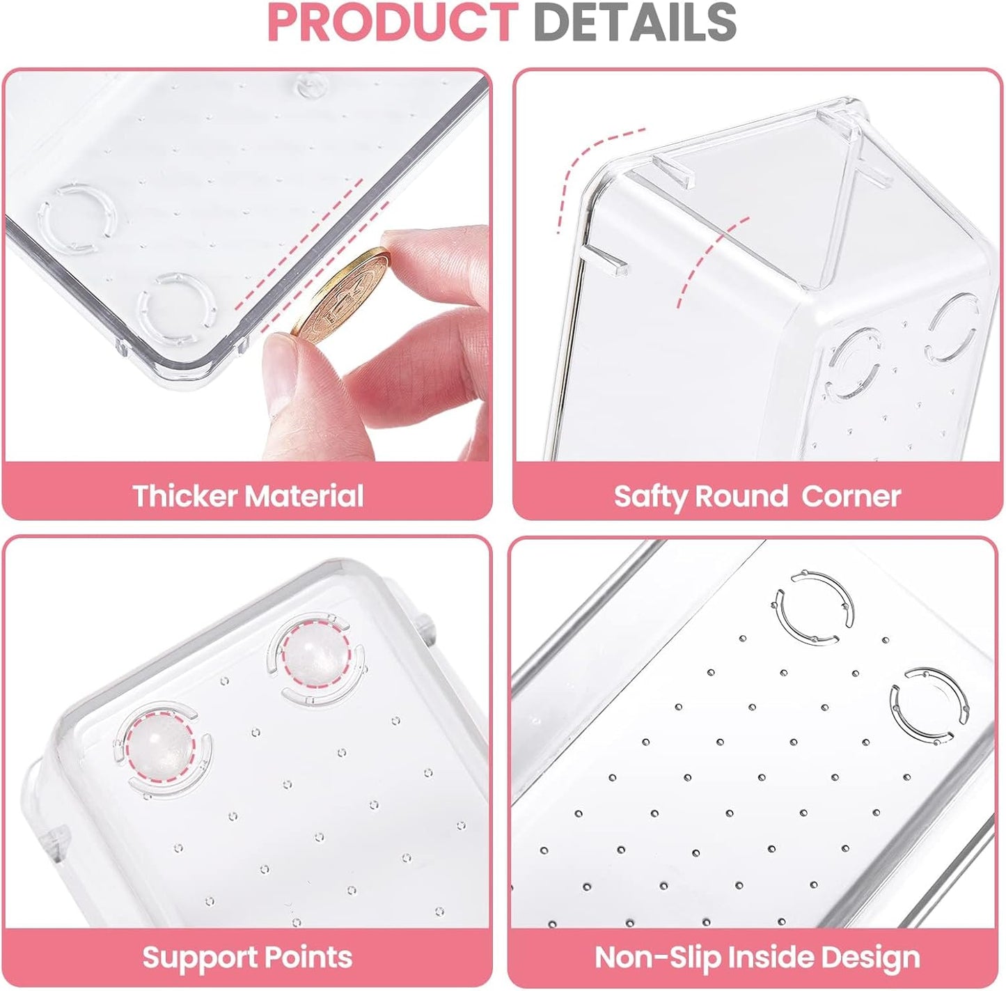 HOUSE DAY Makeup Drawer Organizer Trays 24 PCS, 4-Size Clear Drawer Organizers with Silicone Pads, Vanity Organizers and Storage, Non Slip Plastic Drawer Organizer for Desk, Bathroom, Kitchen, Office