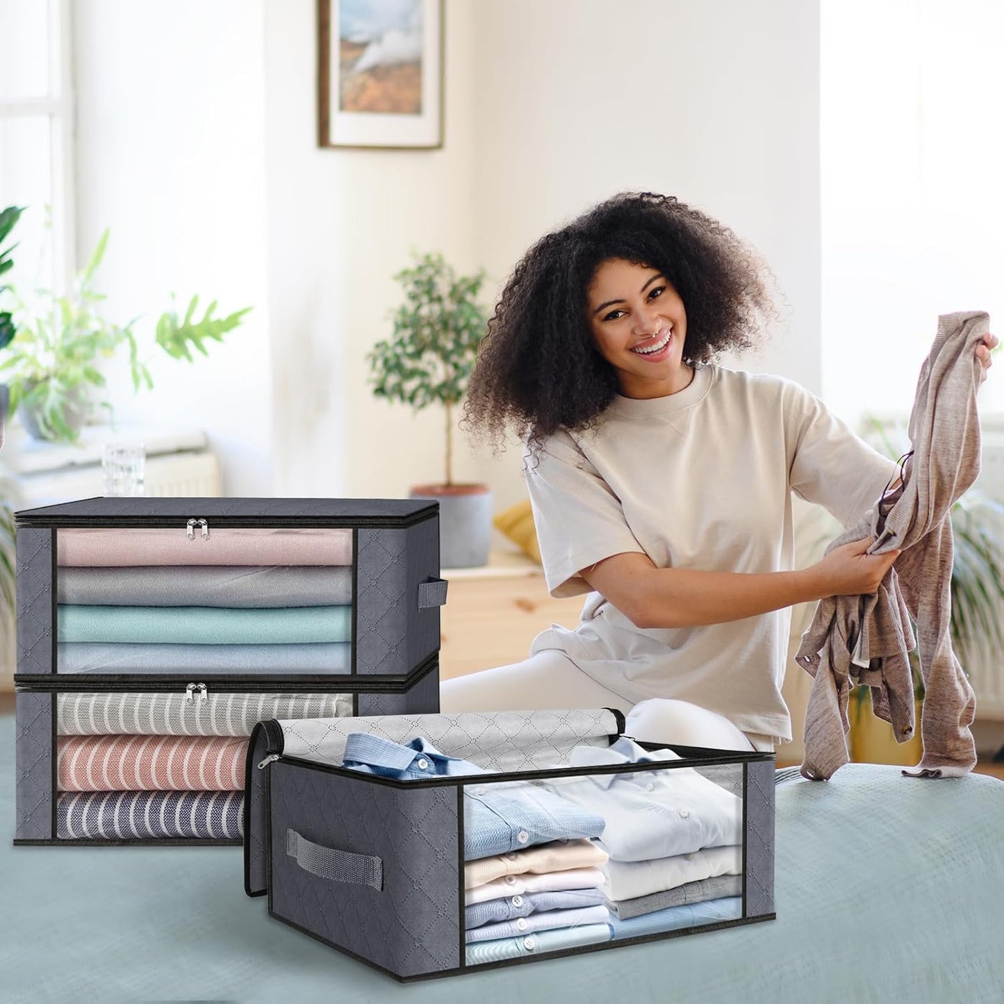 HomeHacks 6-Pack Clothes Organizer Storage Bags Foldable Storage Box with Large Clear Window Sturdy Handles for Closet, Dorm, Pillows, Bedding, Clothes, Stuffed Toys, Blankets, 35L, Grey