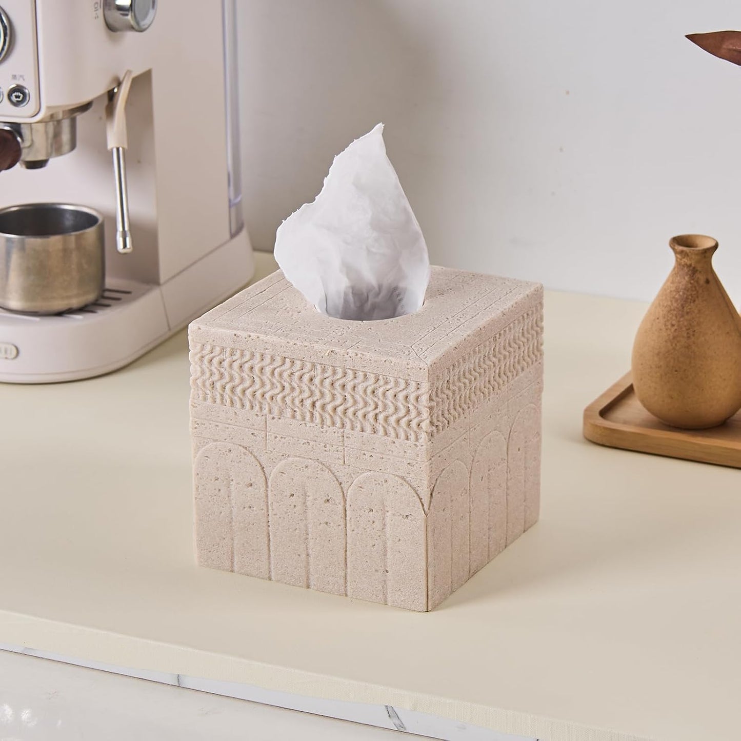Sandstone Carved Pattern Tissue Box Cover – Modern Resin Cube Holder for Bathroom, Bedroom, Office – Decorative Square Tissue Box for Countertop, Nightstand, Vanity & Desk – Heavy&Sturdy