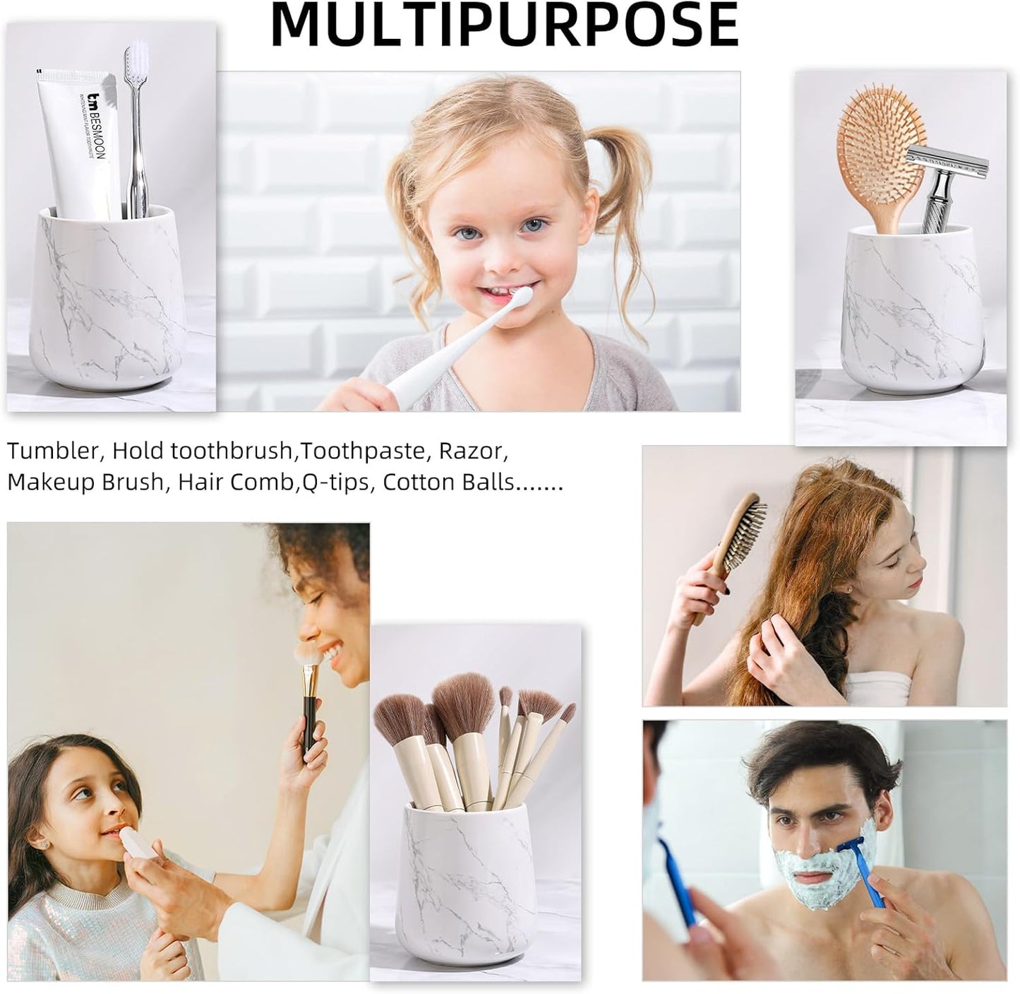 BosilunLife Marble Bathroom Accessory Set - 3 pcs Ceramic Bathroom Soap Dispenser Set Farmhouse Bathroom Counter Decor Set Accessories, Soap Dispenser and Toothbrush Holder, Tray