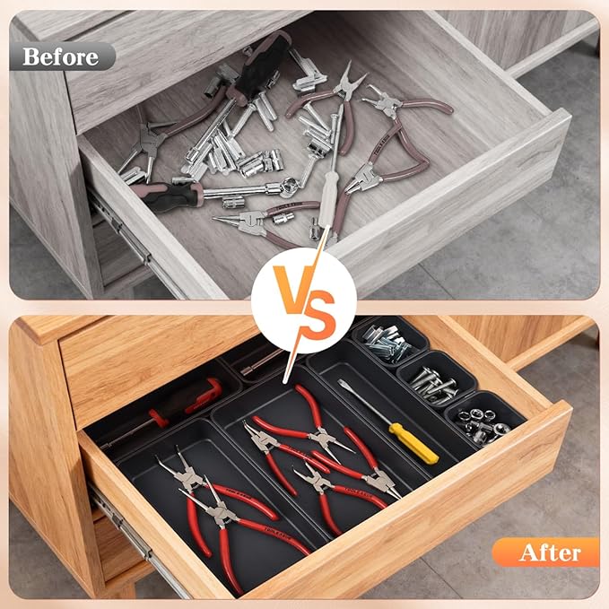 8PCS Plastic Interlocking Drawer Organizer, 3 Sizes Versatile Desk Drawer Organizer Trays, Drawer Dividers, Organization and Storage Bins for Tools, Office, Jewelries, Kitchen Utensils and Makeup