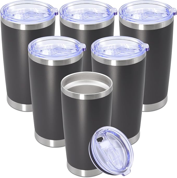 20 oz Tumbler with lid Double Wall Vacuum Insulated Tumblers Stainless Steel Coffee Mug Travel Coffee Tumbler Powder Coated Tumbler Cup Keep Hot&Cold - (Grey 6 Pack)