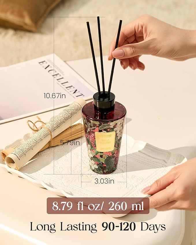 M&SENSE Wild Cherry Reed Diffuser Set - 8.79fl oz Home Fragrance Non-Toxic Natural Bathroom Diffuser with Sticks, Air Freshner Gifts for Bathroom Bedroom Home Decor