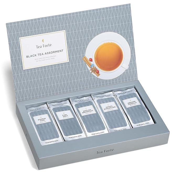 Tea Forte Black Tea Assortment Single Steeps Loose Leaf Premium Tea Gift Set Sampler, 15 Count 3 of Each Assorted Blends, Pre-Portioned Single Serve Pouches, Steeps 12 oz