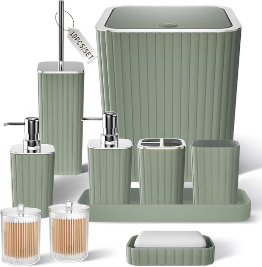 Bathroom Accessories Set - Gorgeous Sage Green Bathroom Set, 10PC Bathroom Accessory Set, Toilet Brush, Trash Can, Qtip Holder Dispenser & Soap Dispenser