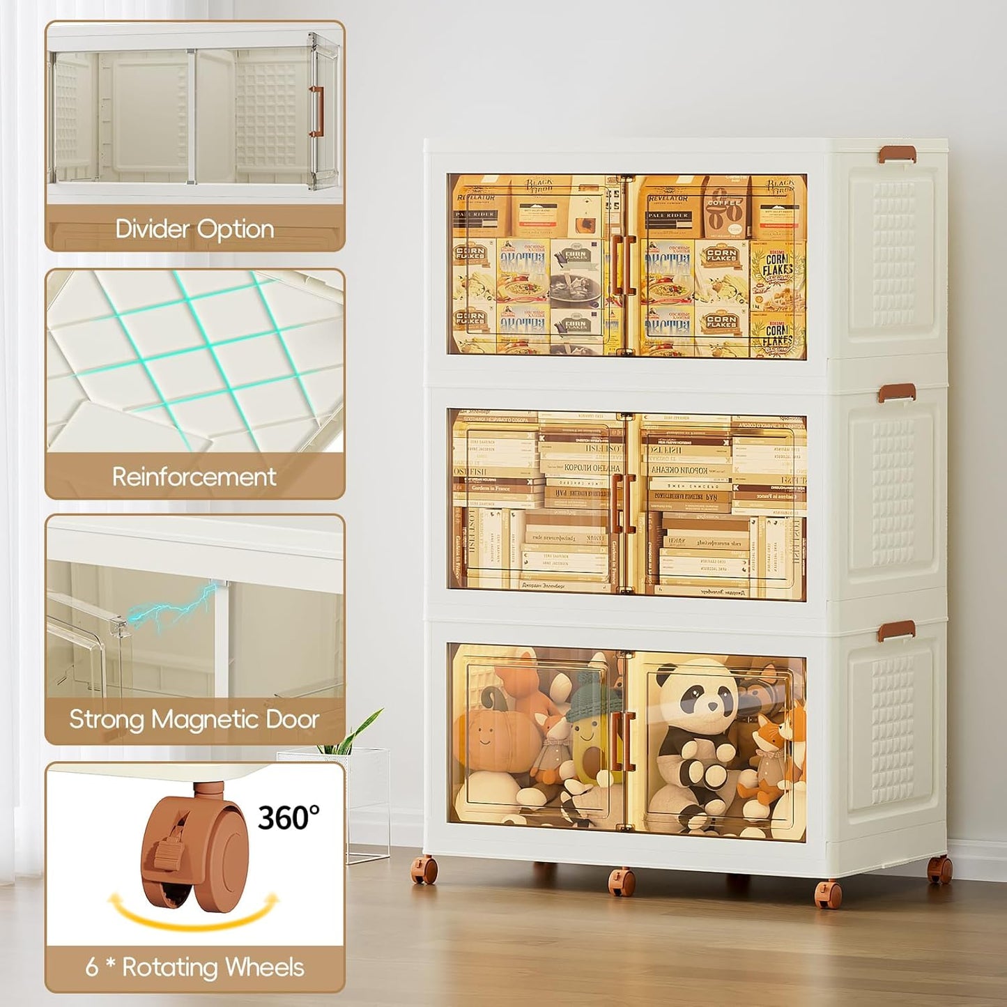 JEKO&JEKO 608Qt Foldable Storage Bins with Lids, Doors & Dividers, Stackable Plastic Drawers with Wheels for Home, Closet & Garage Organizer, 3 Pack, Cream