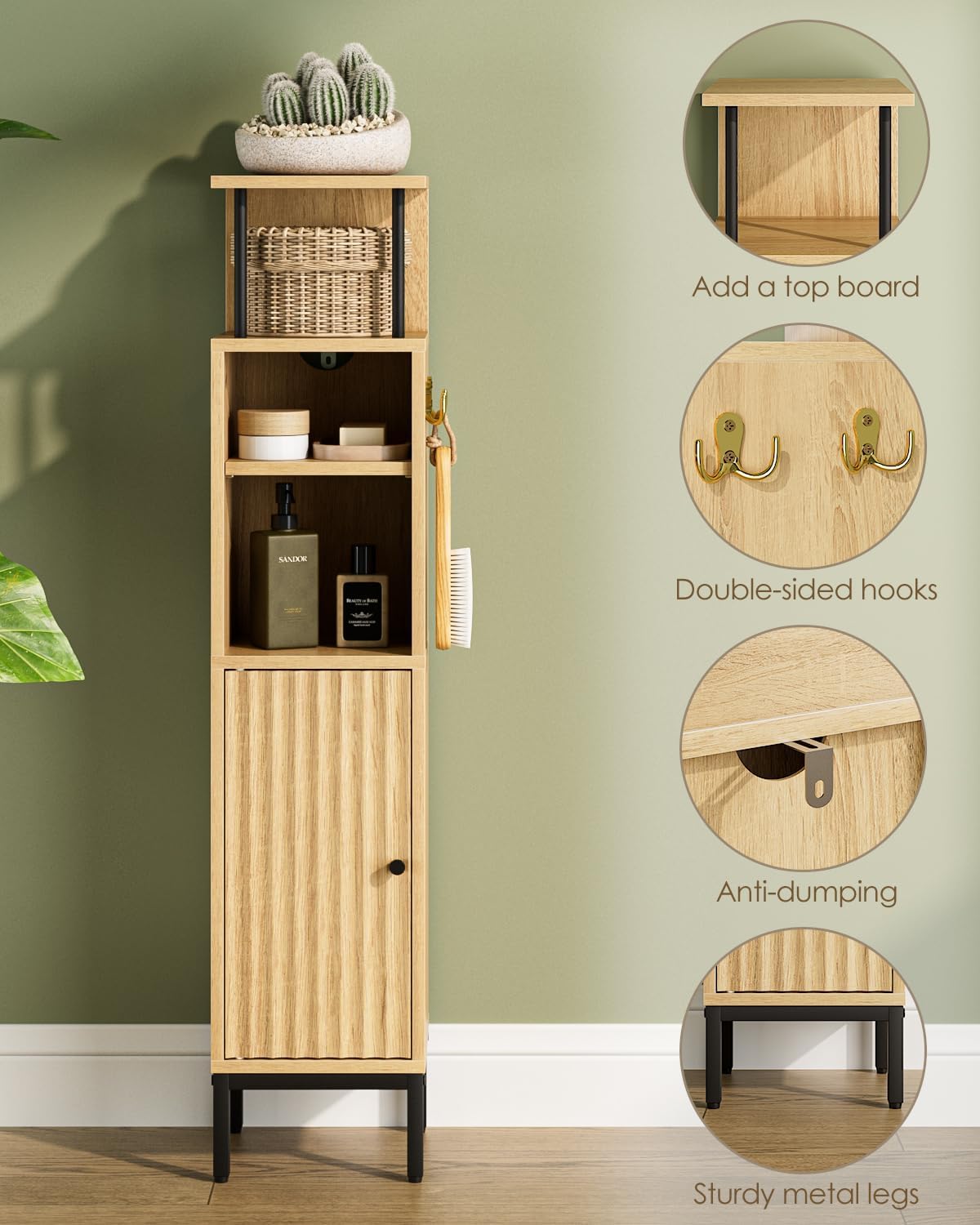 Bathroom Storage Cabinet,Small Corner Floor Cabinet with 2 Hook,Narrow Tall Toilet Paper Cabinet with Adjustable Shelves,Bathroom Organizer for Living Room,Small Spaces (Wave, Oak-37''H)