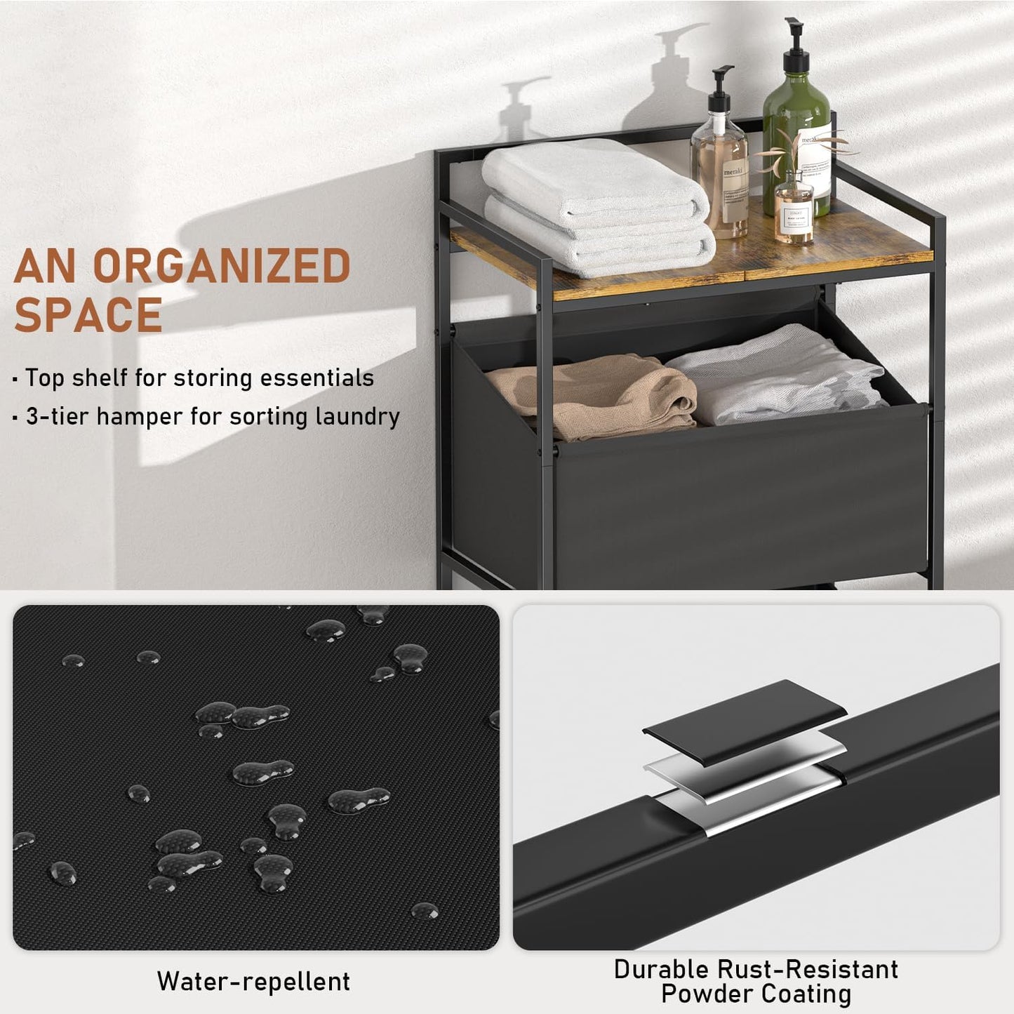 3-Tier Laundry Hamper Sorter with Wheels, 120L Vertical Rolling Laundry Basket Organizer Cart, 3 Section Laundry Sorter with Shelf for Small Space, Laundry Room, Bathroom, Bedroom, Dorm, Closet