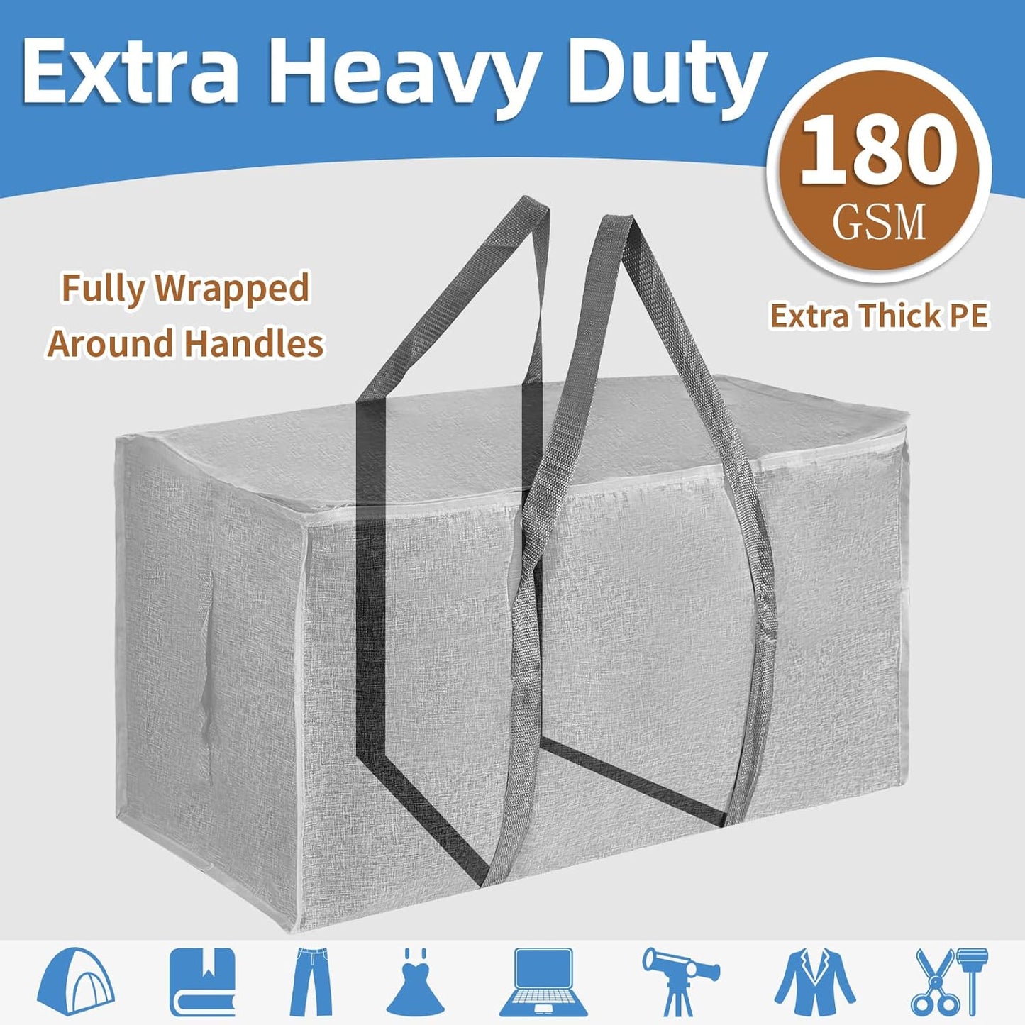 8 Pack-Extra Large Heavy Duty Moving Bags - Waterproof Storage Totes with Handles & Zippers, Foldable for College Dorm, Storage (Gray)