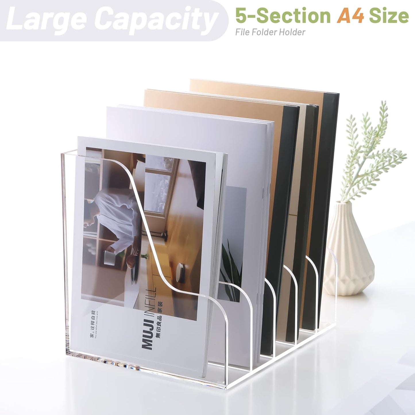 SANRUI Acrylic File Organizer, Compact Desk Organizer for Folders, Binders, Notebooks, Envelopes, Clear Magazine File Holder, 5 Section Bookshelf for School Home Office Organization, A4