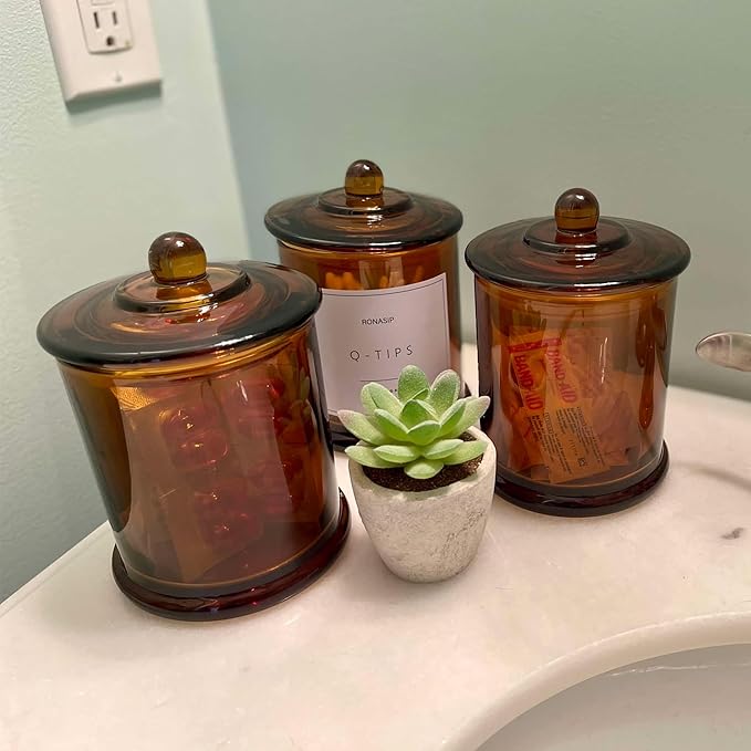 3 Pack Qtip Holder Dispenser, 16oz Bathroom Organizer and Storage Canisters, Glass Apothecary Jars with Lid - Home Decor, Room Decor Aesthetic (Amber)
