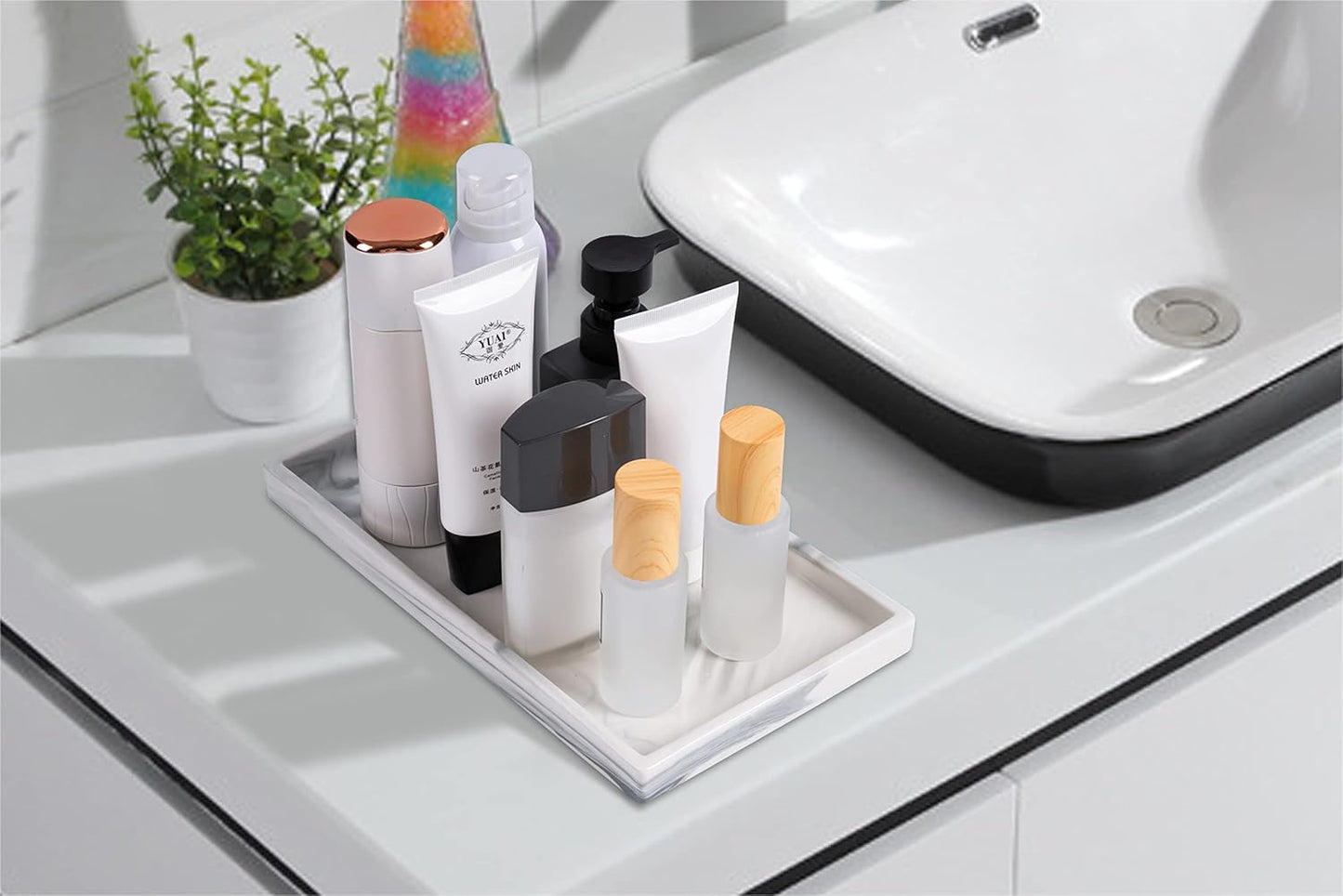 White Marble Bathroom Counter Tray - Ceramic Perfume Organizer and Jewelry Dish for Vanity Dresser