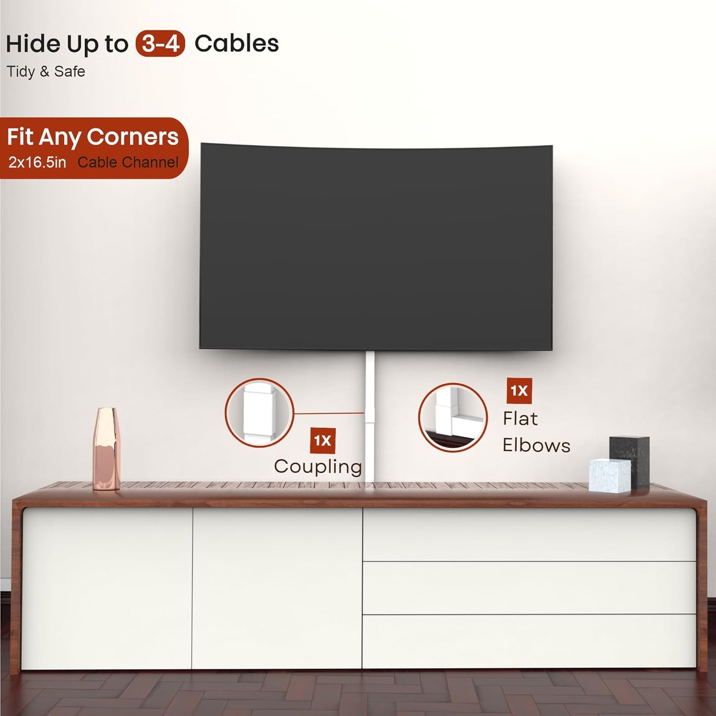 Cord Hider Wall Mounted TV - Wire Cover, Cord Covers, Cable Hider, 33 in Paintable White Raceway Kit, Hide Cords Wall Mount TV, Electrical Cords Concealer, Cable Management Channel, Wire Molding