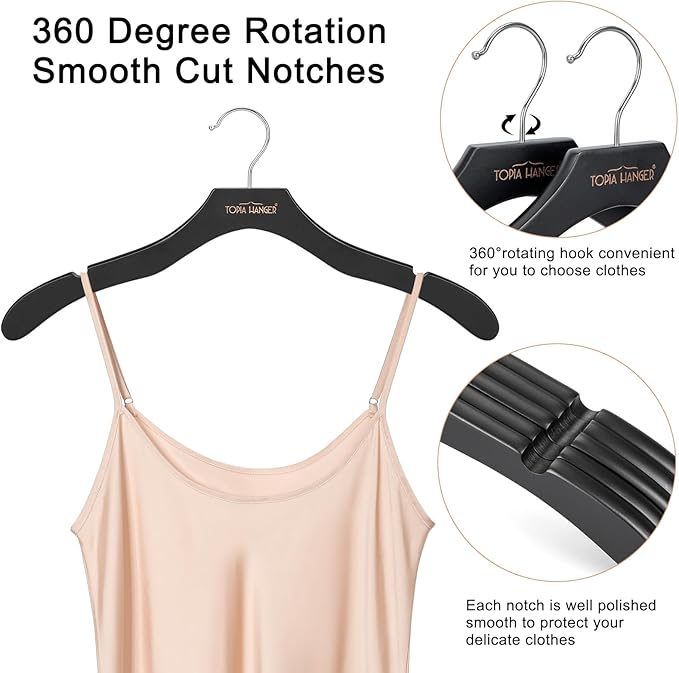 TOPIA HANGER Wooden Coat Hangers 24 Pack, Premium Wood Suit Sweater No Shoulder Bump Hangers, 360° Swivel Hook and Cut Notches Clothes Hangers for Sweater, Hoodie, Shirts, Jackets, Dress, Black CT85B