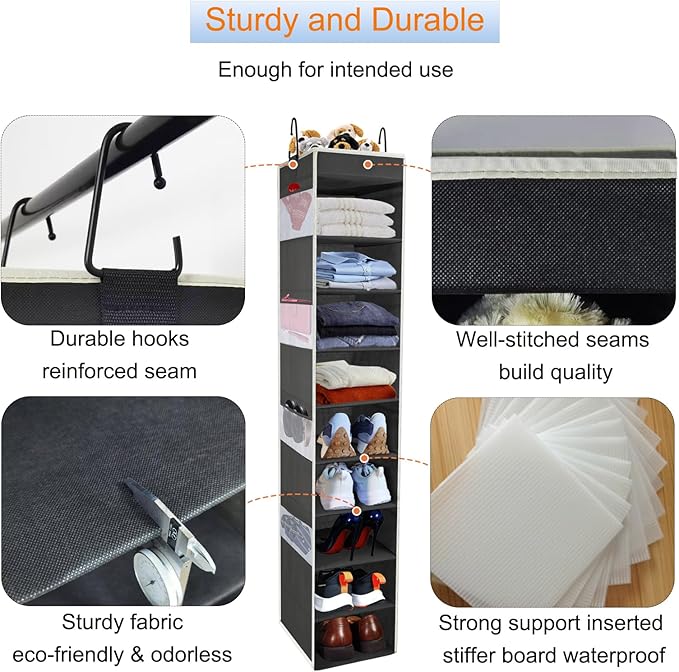 Large-Sized Hanging Shoe Organizer 10-Shelf, Sturdy Hanging Closet Organizer with 8 Side Pockets, Wider Hanging Shelves for Storage Shoes Clothes Jeans Shirts Toys, Black