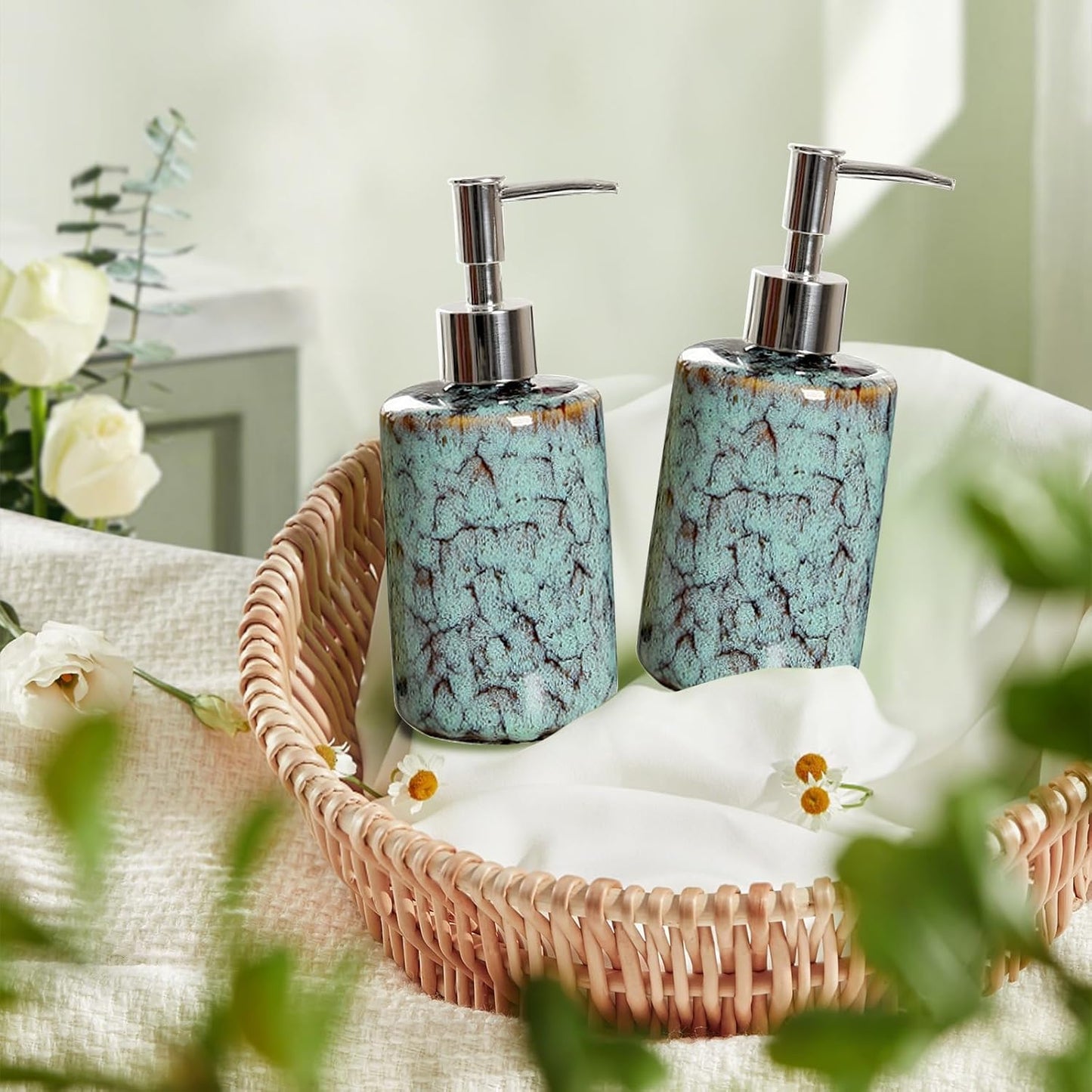 jessie Hand Soap Dispenser,Green Ceramic Liquid Hand Soap Dispenser with Pump,Modern Vintage Refillable Hand Lotion Pump Bottle for Bathroom Kitchen Set 11.8 oz (Green)