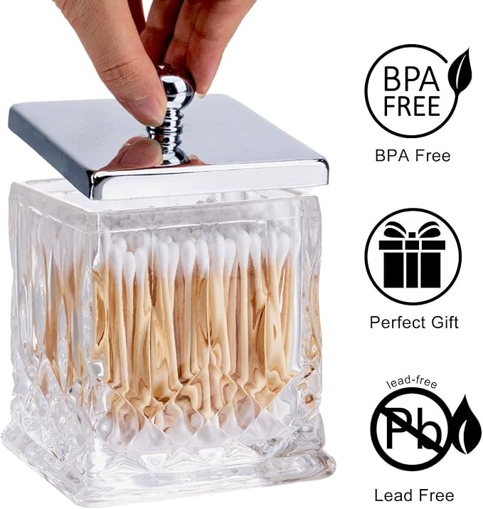 Qtip Holder,15Oz Clear Glass Apothecary Jars with Silver Lids for Bathroom Organization & Desk Storage,Thick Glass Apothecary Jars for Q-Tips,Cotton Rounds,Jewelry,Candy,Square