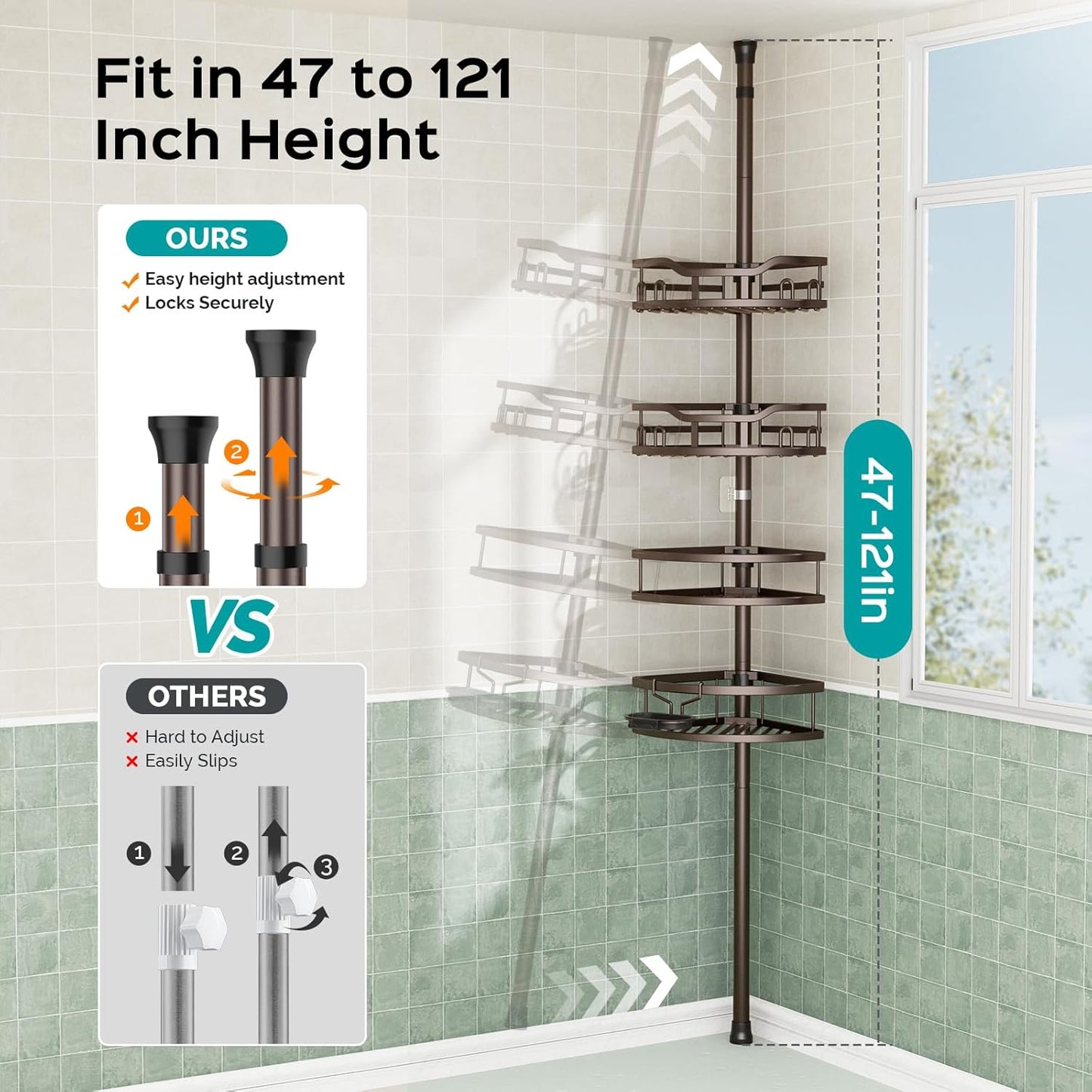 HAMITOR Corner Shower Caddy Tension Pole: Rustproof Stable 4-Tier Bathroom Organizer Shelves for Bathtub Shampoo Storage - 47-121 Inch Quick Install Adjustable Standing Rack with Soap Rack - Bronze