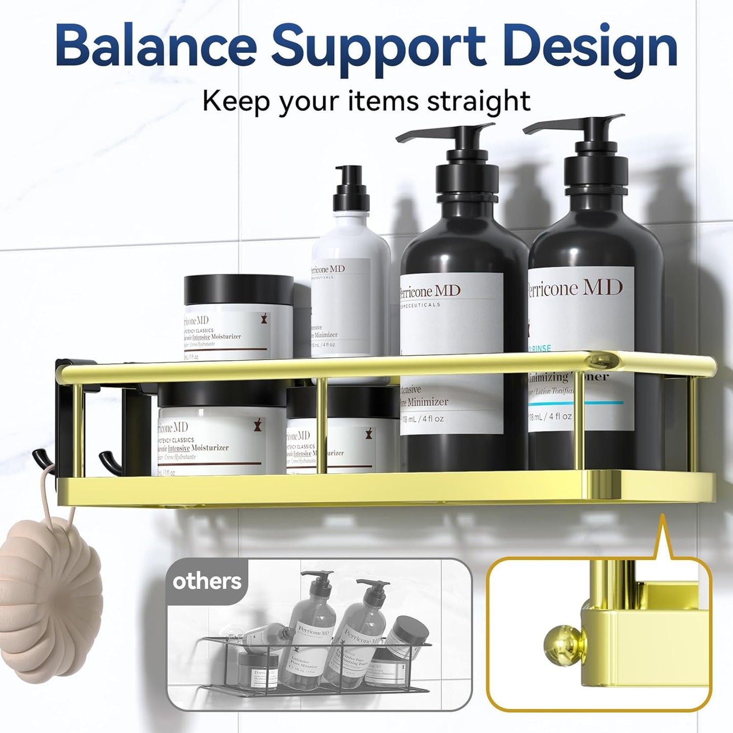 YASONIC Shower Caddy Adhesive, No Drill Bathroom Shower Organizers, with Removable Hooks and Soap Holder, Rust Proof Shower Shelves, Wall-Mounted Shower Holder, 3 Pack, Gold