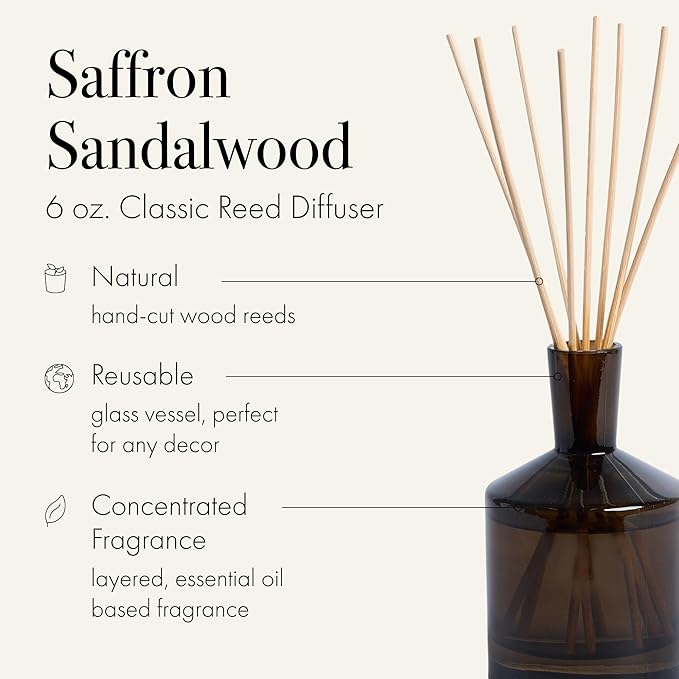 LAFCO New York Fall Classic Reed Diffuser, Saffron Sandalwood - 6 oz - Up to 3 Months Fragrance Life - Reusable, Hand Blown Glass Vessel - Natural Wood Reeds - Made in The USA