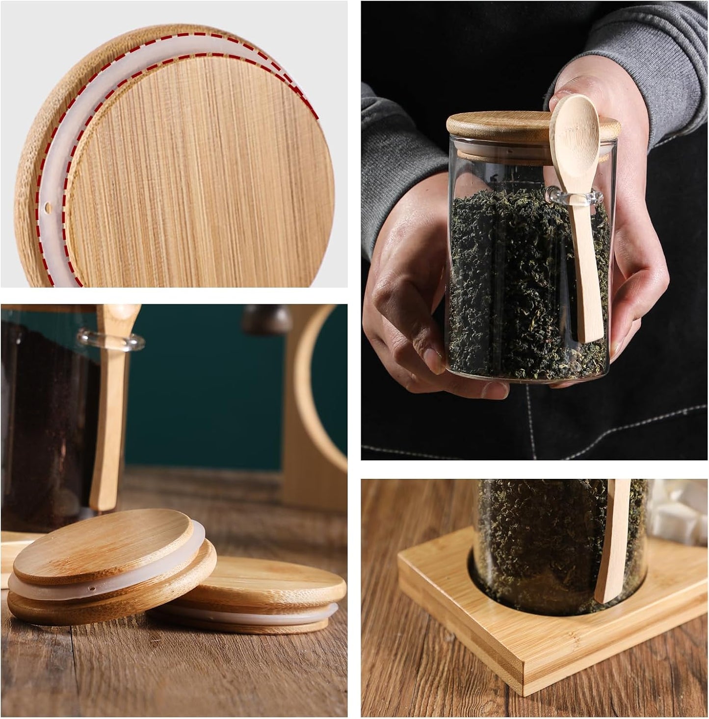 Glass Spice Storage Container with Spoon, 3PCS 20oz Airtight Sealed Condiment Jar with Tray, Kitchen Pantry Seasoning Canister Set for Salt Coffee Sugar Tea & Bathroom Cotton Swab Ball