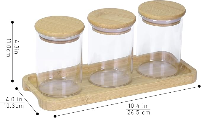 Qtip Holder with Vanity Tray - 3 Pack Glass Apothecary Jars with Lids, Cotton Ball Swab Pad Floss Pick Holder, Bathroom Organizers Jars Containers Canisters Accessories Set